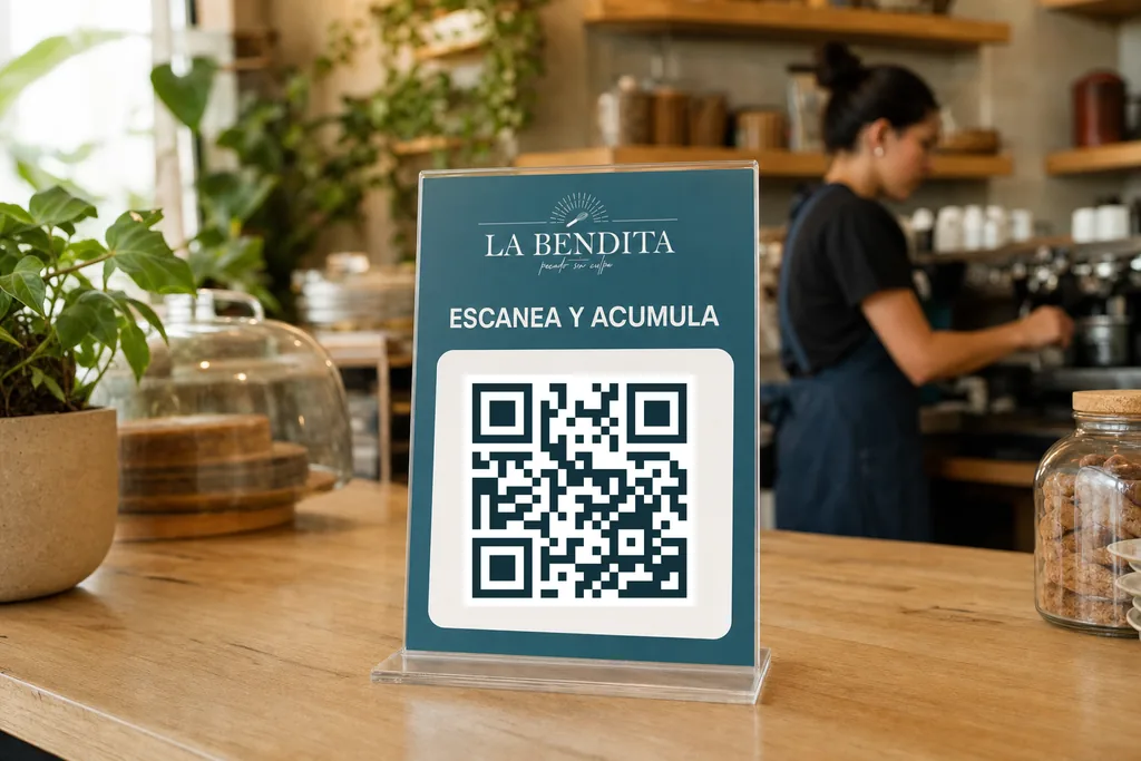 Counter sign with La Bendita's QR code at a coffee shop
