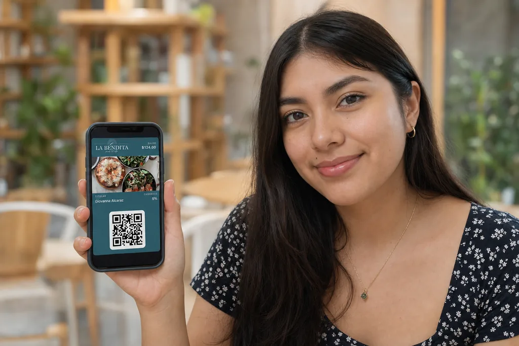 Customer showing La Bendita's cashback card on her phone