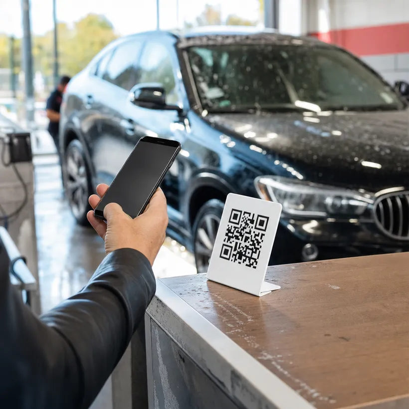 Cliente escaneando el código QR de lealtad en un autolavado