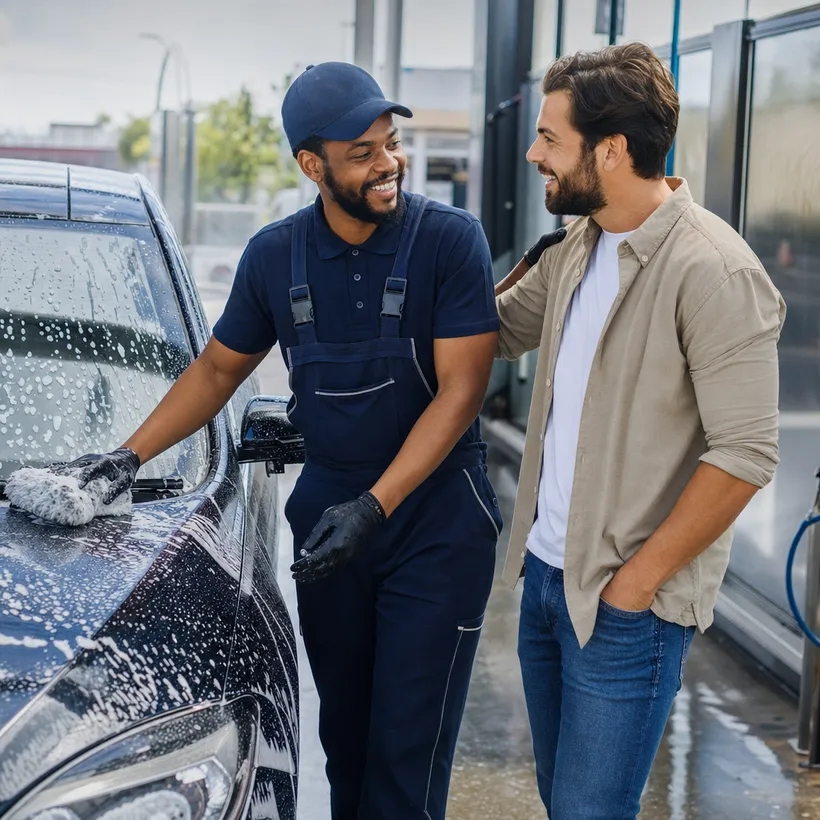 Operador entregando un auto reluciente a un cliente feliz