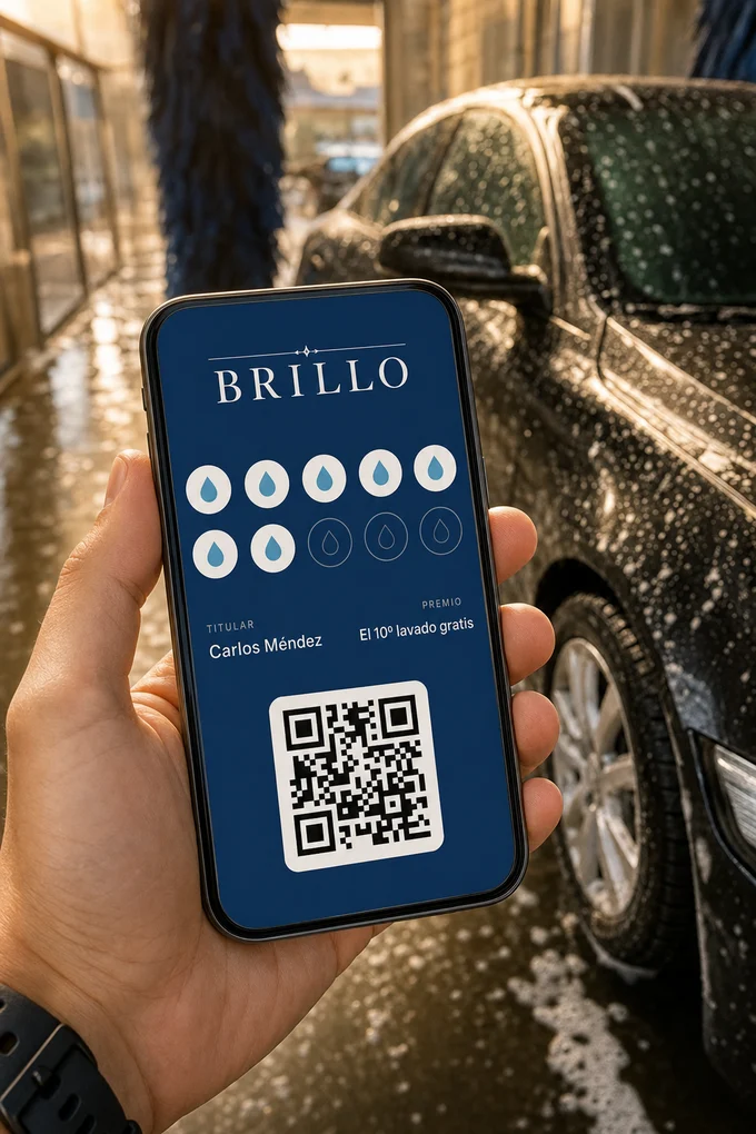Tarjeta de sellos digital de un autolavado en la pantalla de un teléfono, en Apple Wallet
