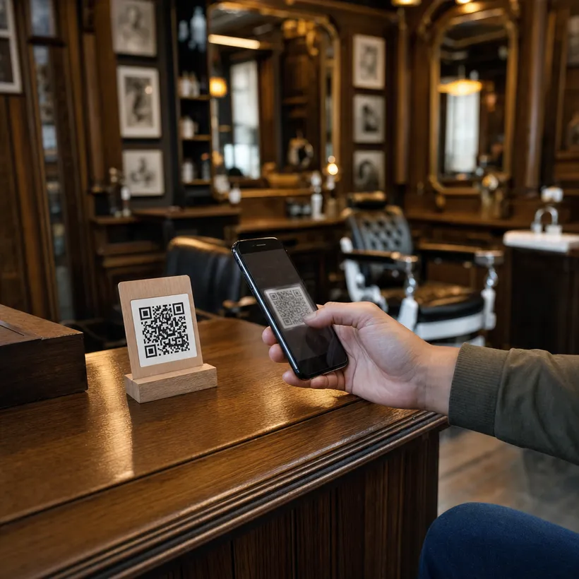 Cliente escaneando el código QR de lealtad en la recepción de una barbería