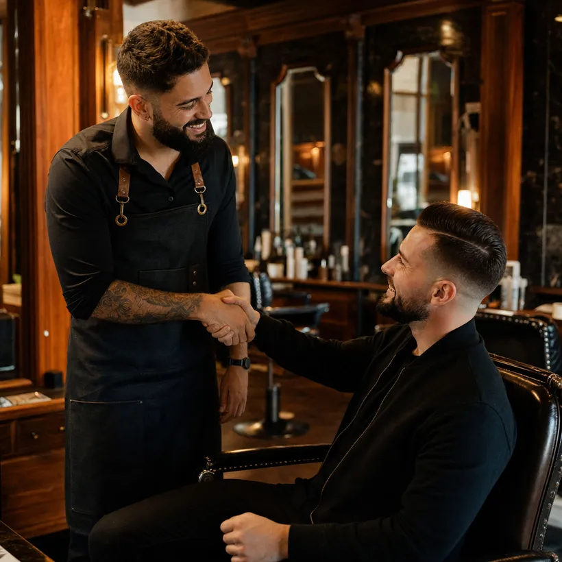Barbero saludando de mano a un cliente satisfecho con su corte nuevo
