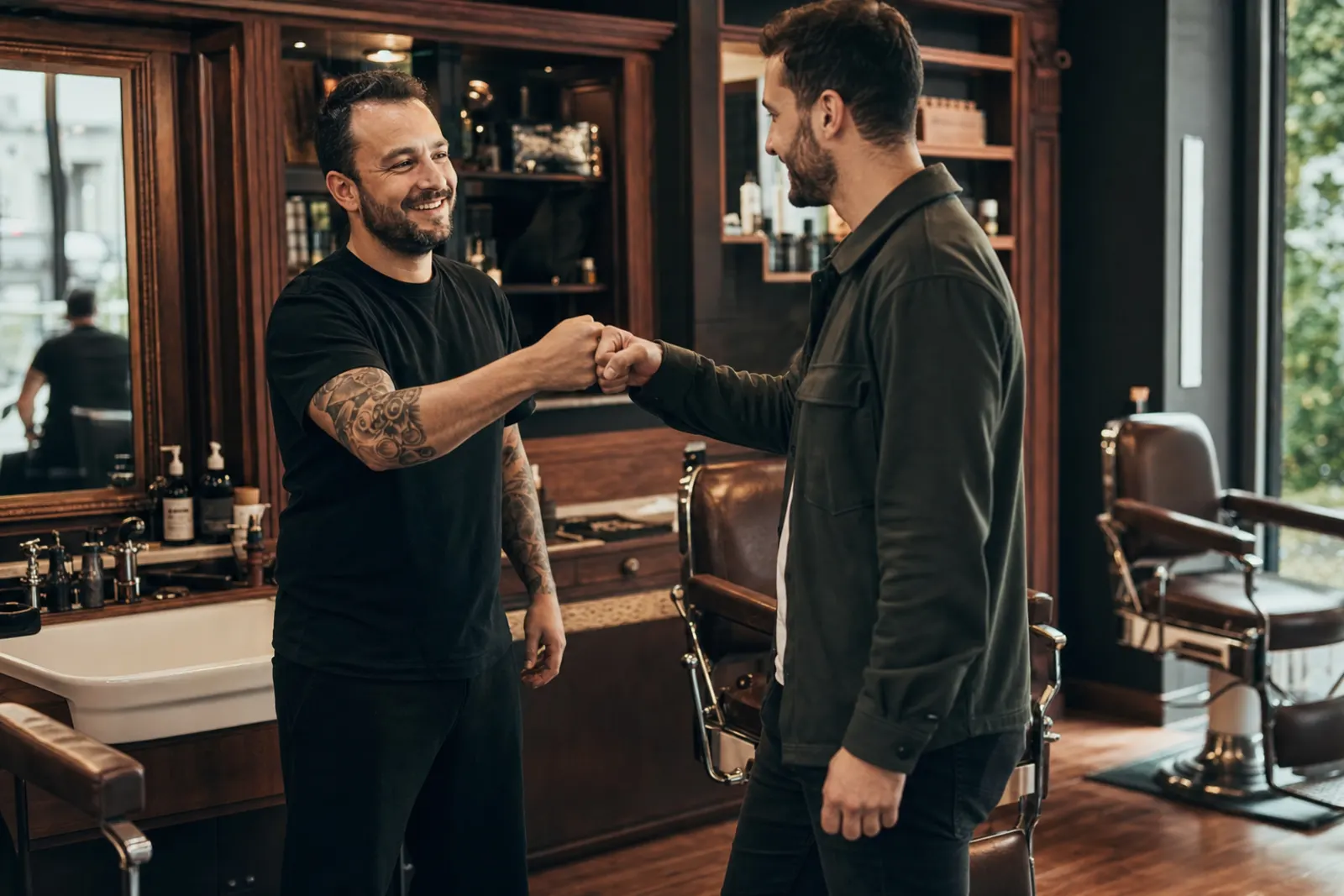Barbero saludando con confianza a un cliente habitual que entra a la barbería