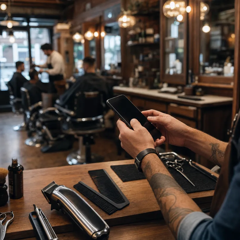 Barbero sumando una visita desde el celular en la barbería