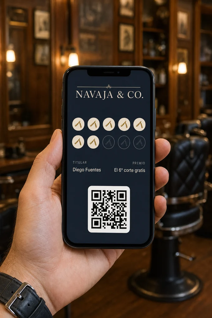 Tarjeta de lealtad digital de una barbería en la pantalla de un teléfono, en Apple Wallet