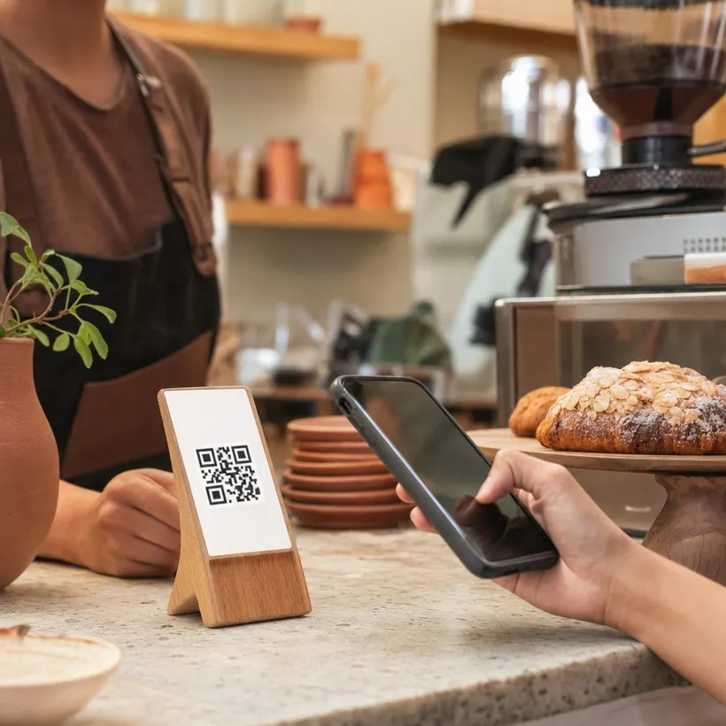 Cliente escaneando el código QR de lealtad en el mostrador de una cafetería