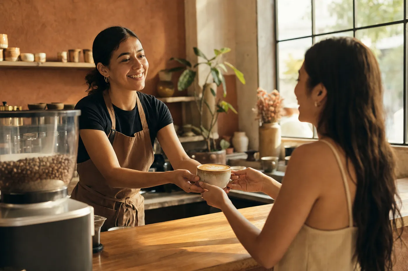 Barista entregando un café con arte latte a una clienta feliz en una cafetería de especialidad