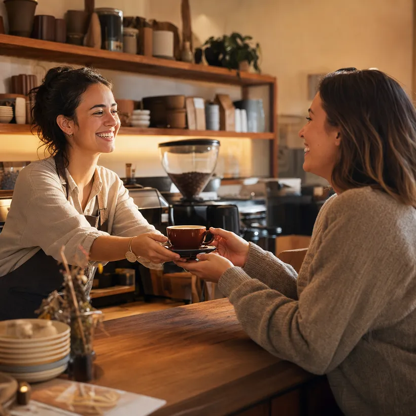 Barista entregando un café gratis a una clienta feliz