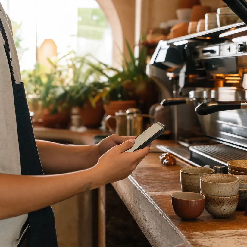 Barista sumando un sello digital desde el celular detrás de la barra