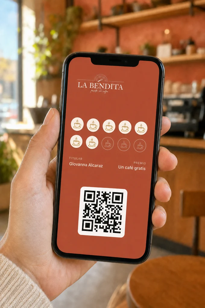 Tarjeta de sellos digital de una cafetería en la pantalla de un teléfono, en Apple Wallet