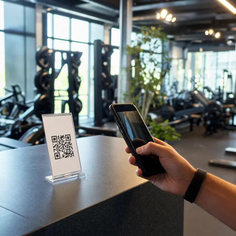 Miembro escaneando el código QR de lealtad en la recepción de un gimnasio