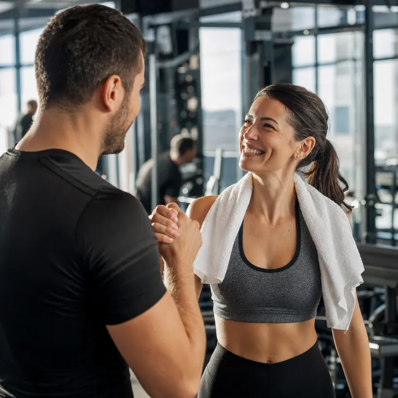 Entrenador celebrando el logro de un miembro constante en el gimnasio