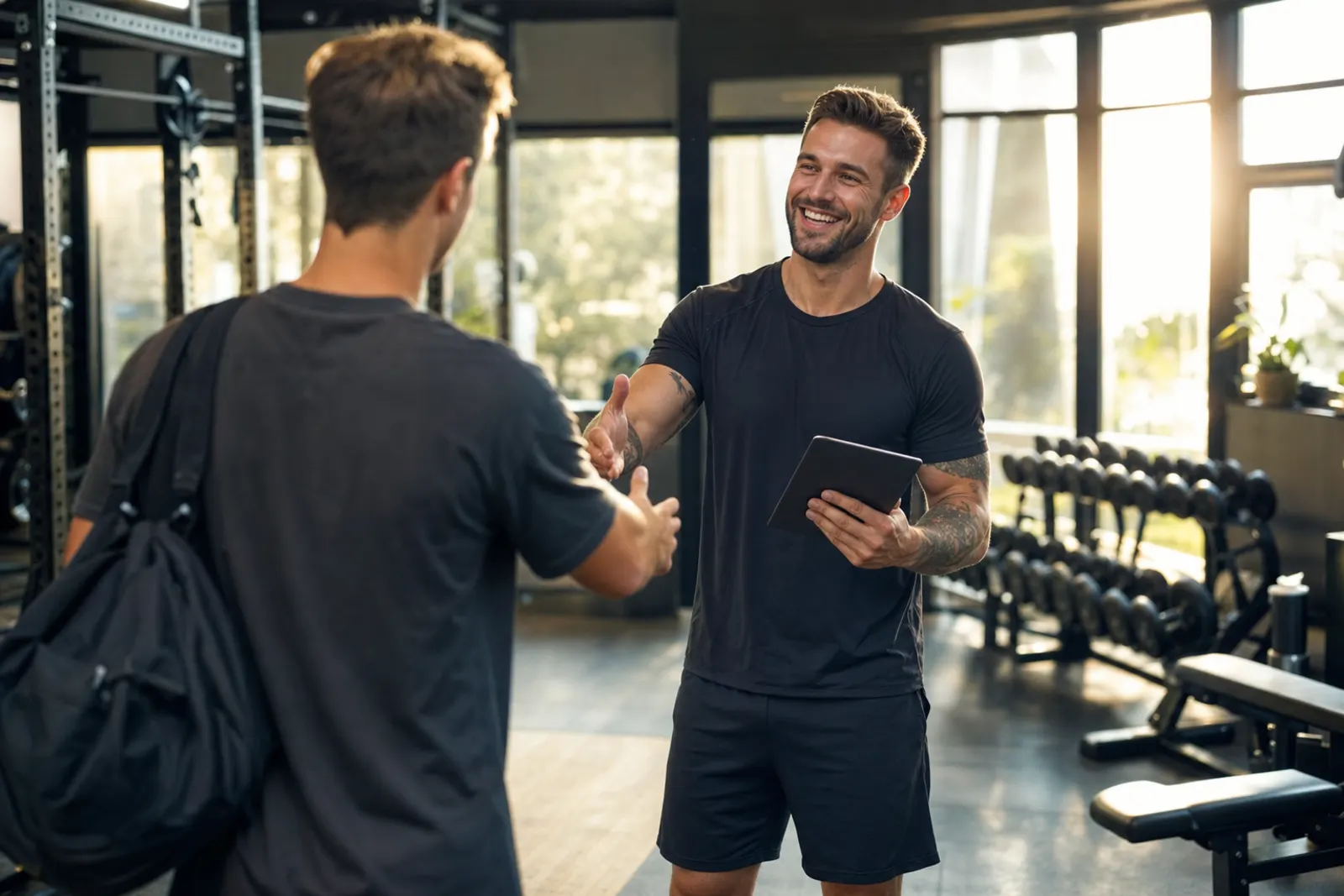 Entrenador saludando con energía a un miembro habitual que llega al gimnasio