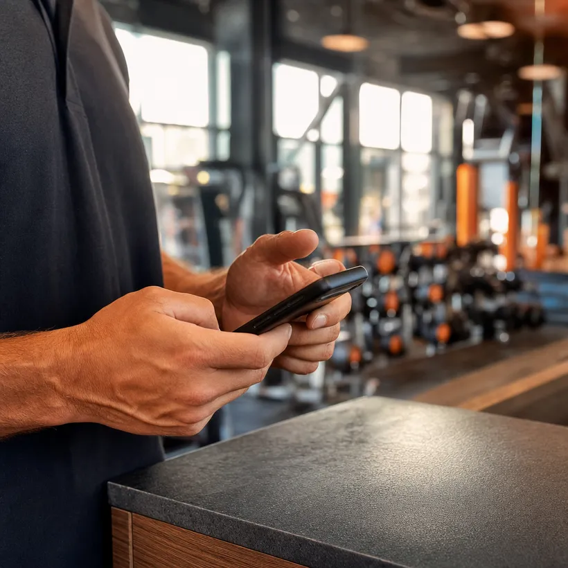 Recepcionista sumando una asistencia desde el celular en el gimnasio