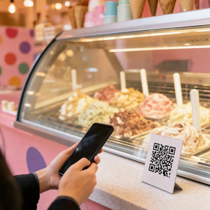 Cliente escaneando el código QR de lealtad en una heladería