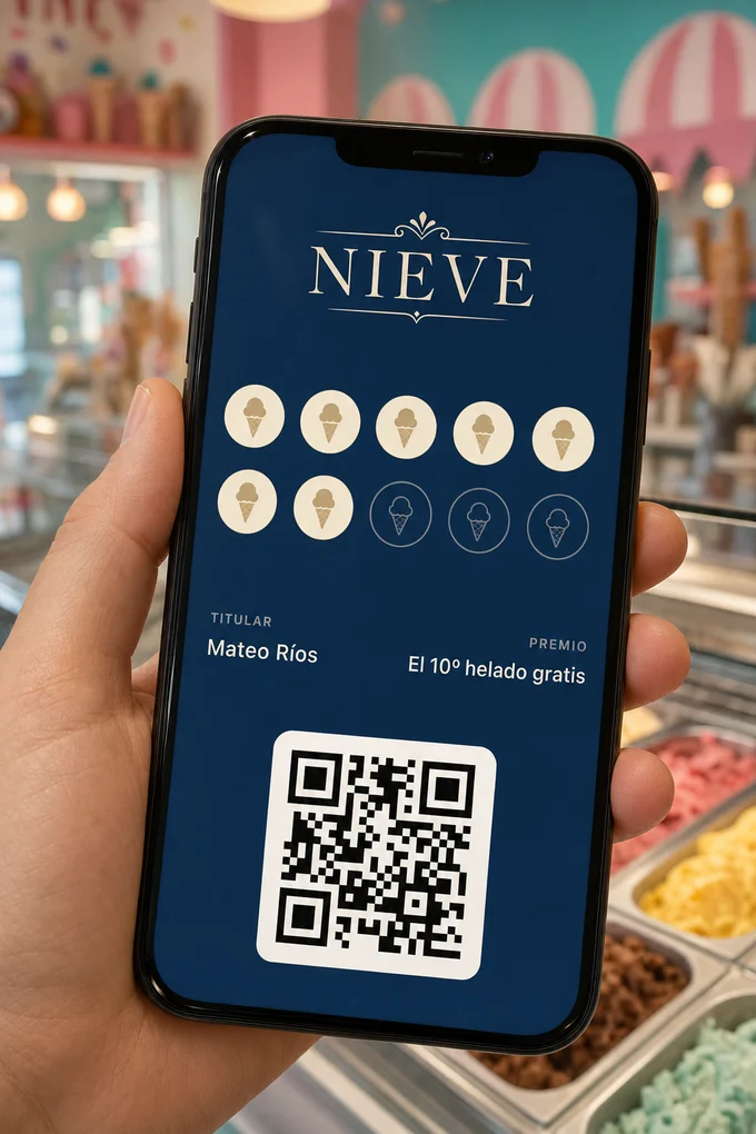 Tarjeta de sellos digital de una heladería en la pantalla de un teléfono, en Apple Wallet