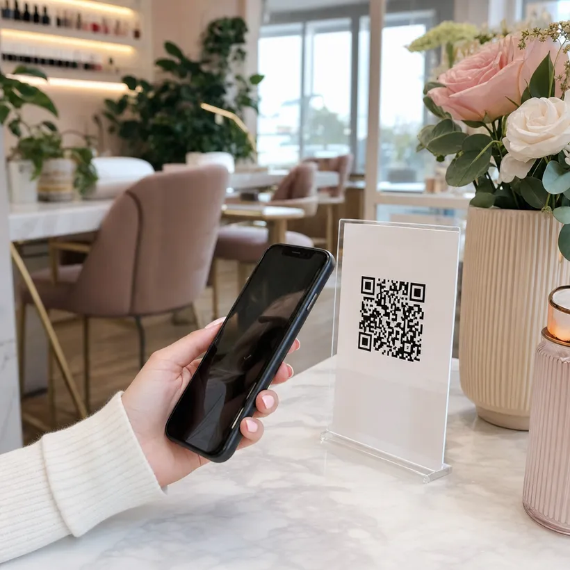 Clienta con uñas arregladas escaneando el código QR de lealtad en un Nails Spa