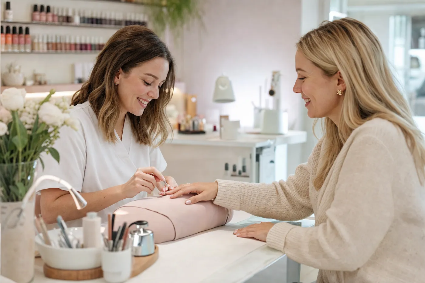 Manicurista haciendo las uñas a una clienta feliz en un Nails Spa moderno
