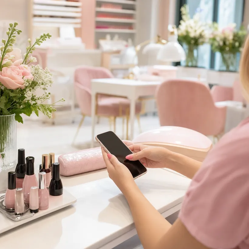Manicurista sumando una visita desde el celular en el Nails Spa