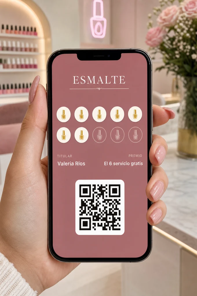 Tarjeta de lealtad digital de un Nails Spa en la pantalla de un teléfono, en Apple Wallet