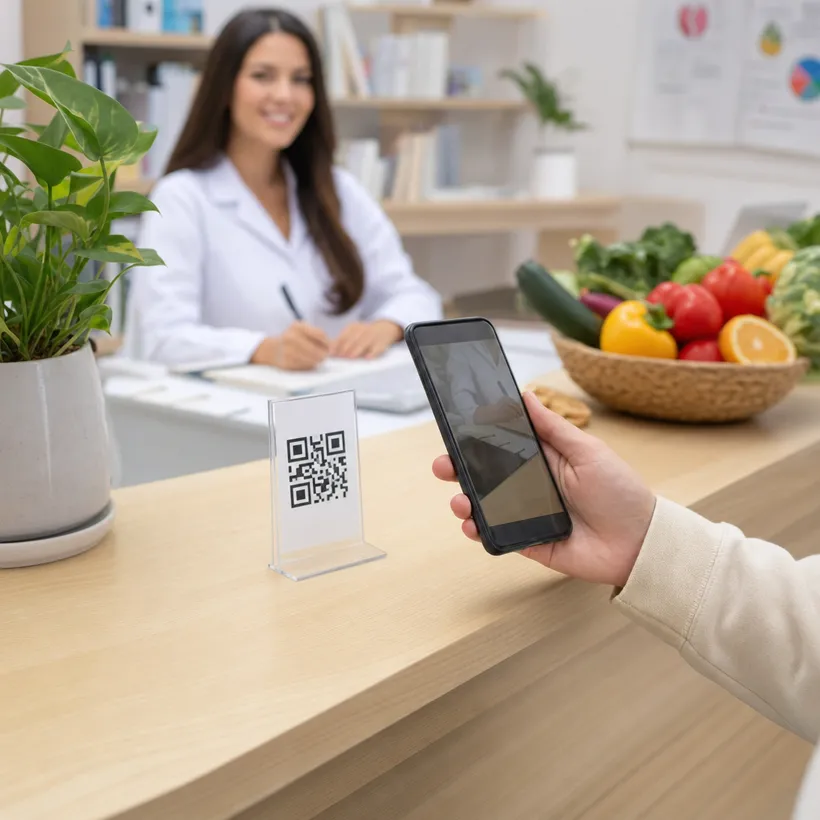 Paciente escaneando el código QR de lealtad en el consultorio de nutrición