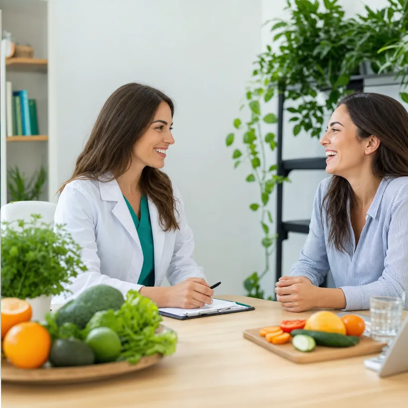 Nutrióloga felicitando a un paciente por su constancia