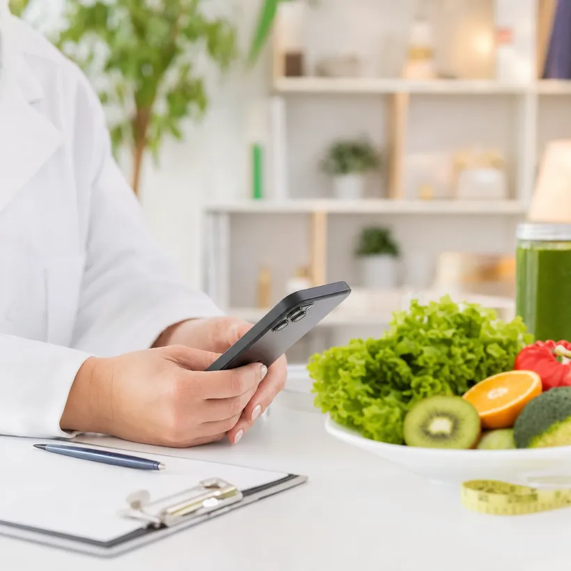 Nutrióloga sumando una consulta desde el celular en el consultorio
