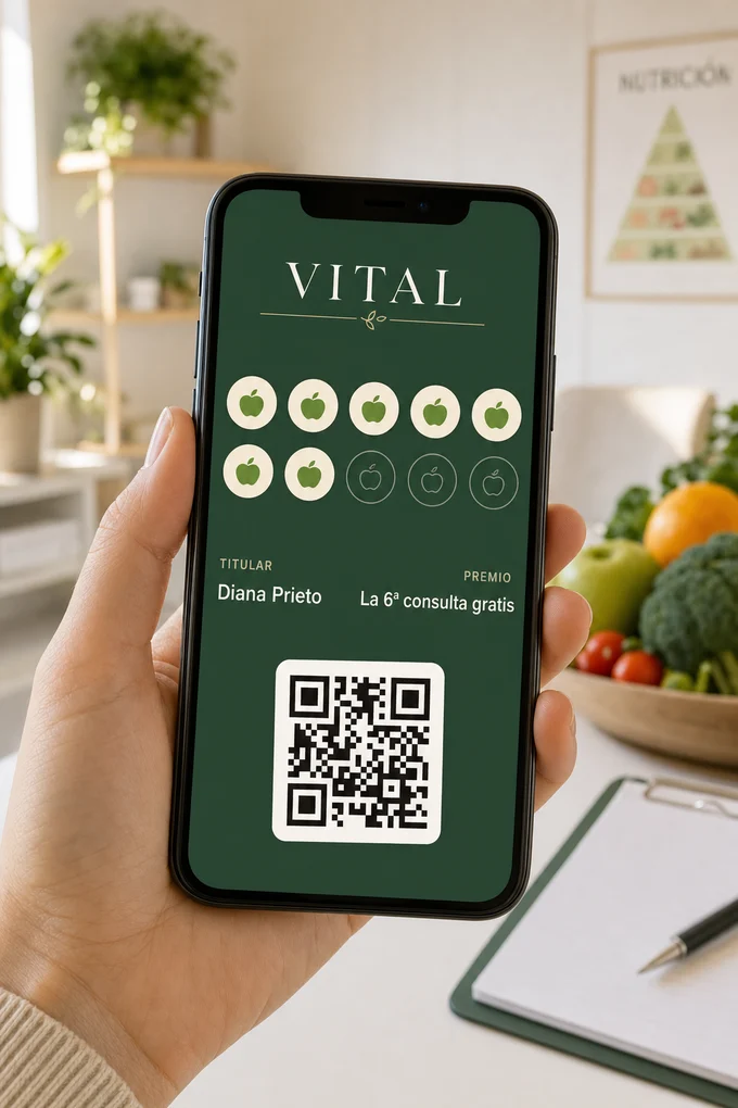 Tarjeta de lealtad de un consultorio de nutrición en la pantalla de un teléfono, en Apple Wallet