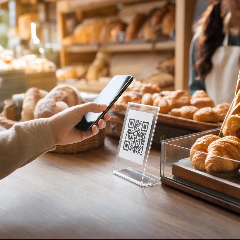 Cliente escaneando el código QR de lealtad en el mostrador de una panadería