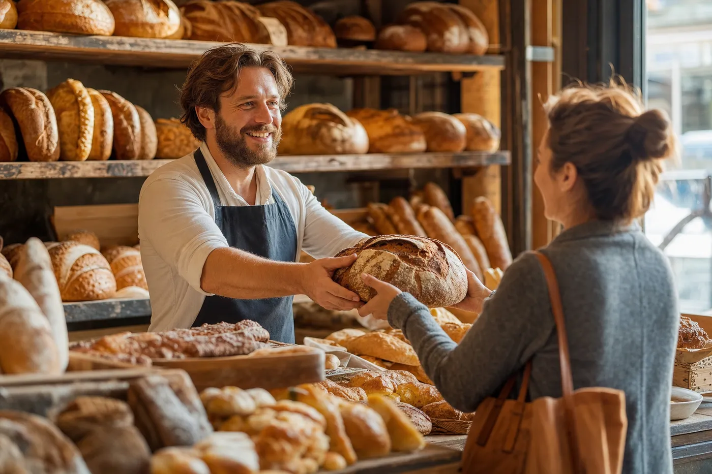 Panadera entregando pan recién horneado a una clienta feliz en una panadería artesanal