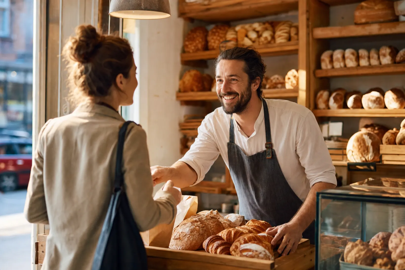 Panadera saludando a un cliente habitual que entra a la panadería por la mañana