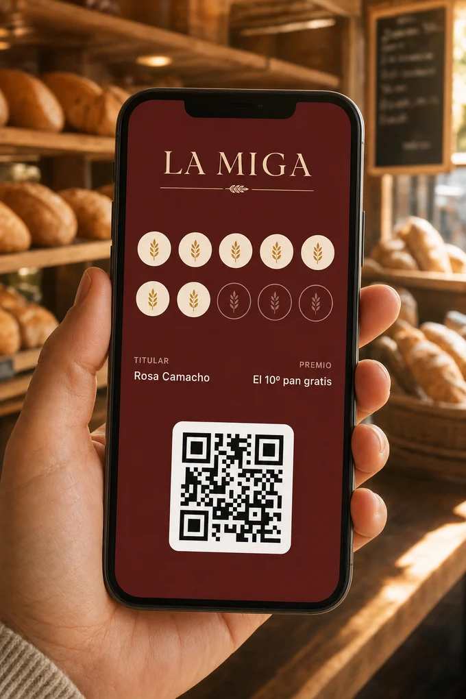 Tarjeta de sellos digital de una panadería en la pantalla de un teléfono, en Apple Wallet