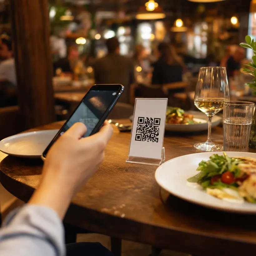 Comensal escaneando el código QR de lealtad en la mesa de un restaurante