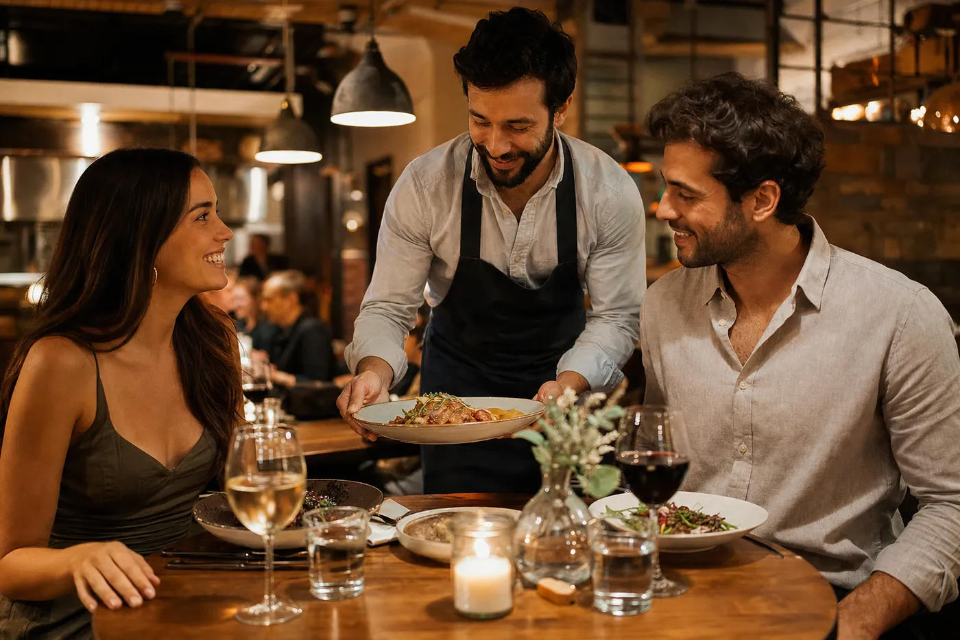 Mesero sirviendo un platillo a una pareja feliz en un restaurante acogedor