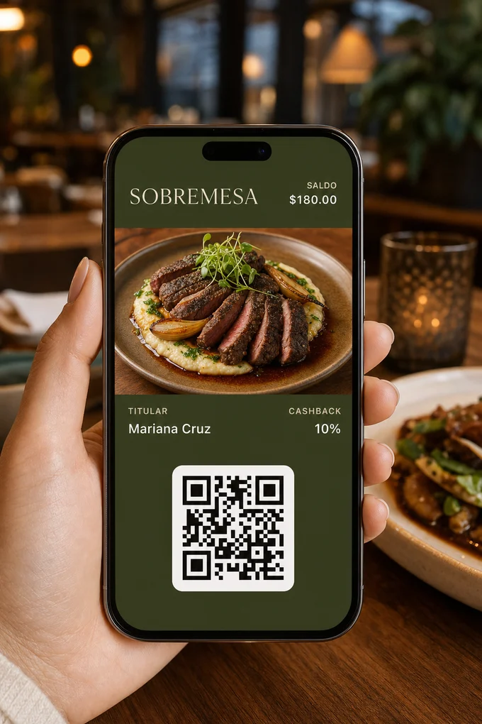 Tarjeta de lealtad con cashback de un restaurante en la pantalla de un teléfono, en Apple Wallet