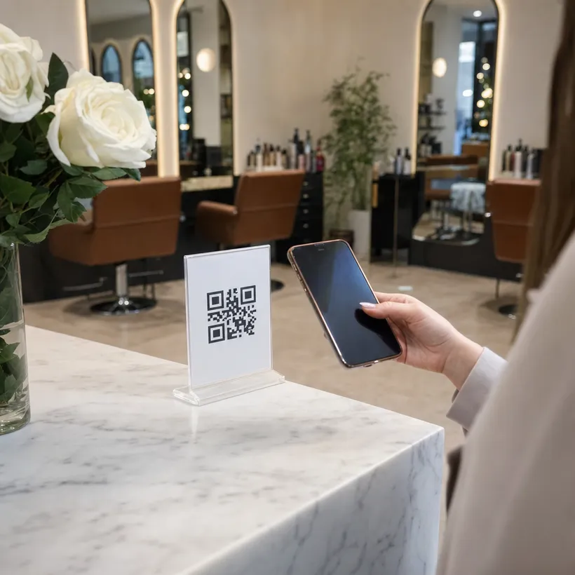 Clienta escaneando el código QR de lealtad en la recepción de un salón de belleza