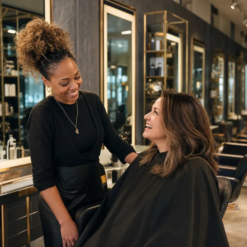 Estilista y clienta felices con el resultado en el salón de belleza