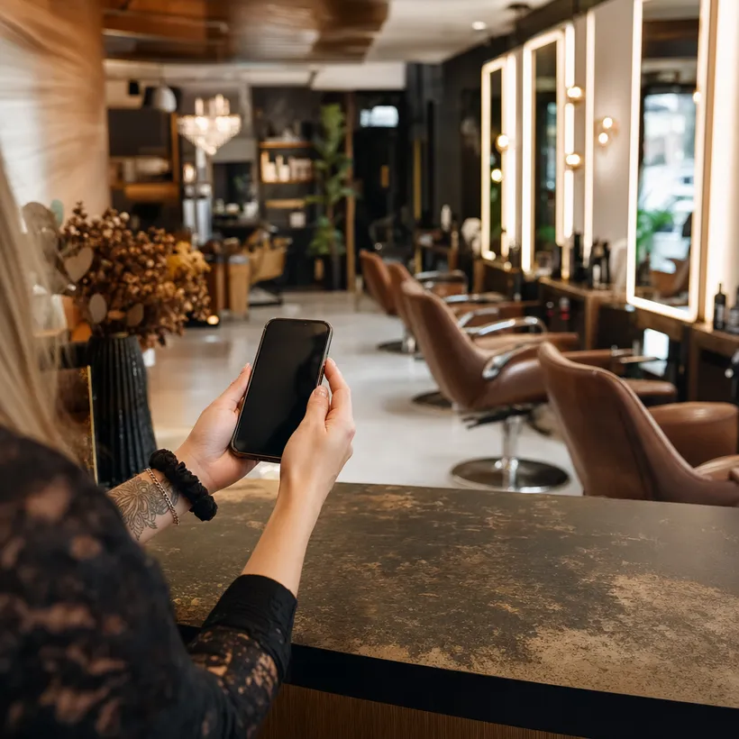 Estilista sumando el cashback desde el celular al cobrar en el salón