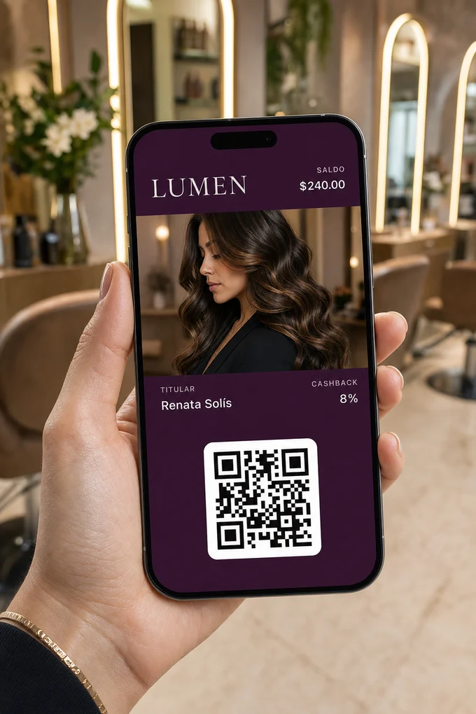 Tarjeta de lealtad con cashback de un salón de belleza en la pantalla de un teléfono, en Apple Wallet