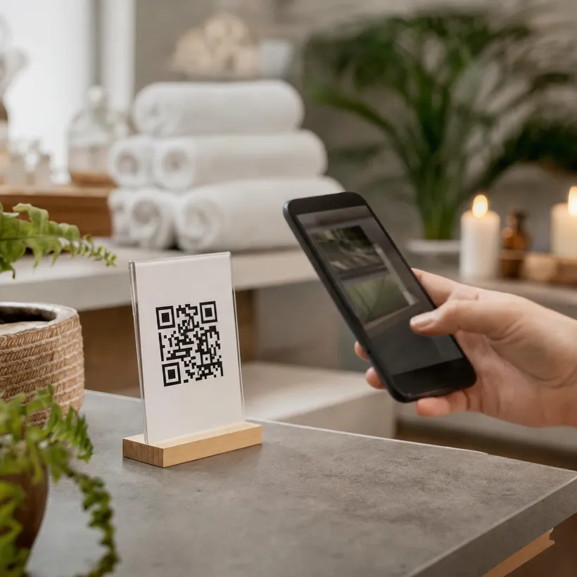 Cliente escaneando el código QR de lealtad en la recepción de un spa