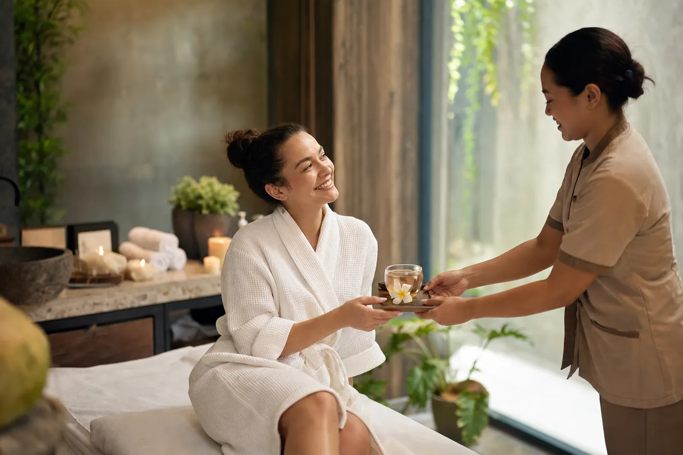 Terapeuta atendiendo a un cliente relajado en un spa sereno