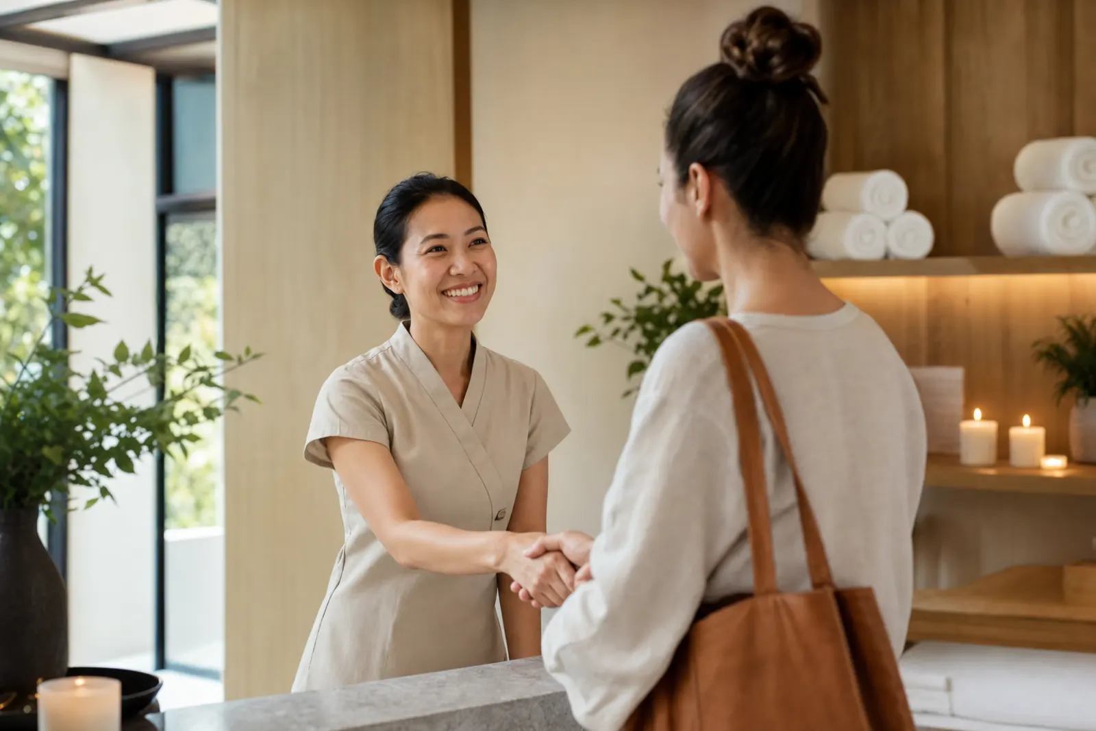 Terapeuta recibiendo con calma a un cliente habitual en el spa