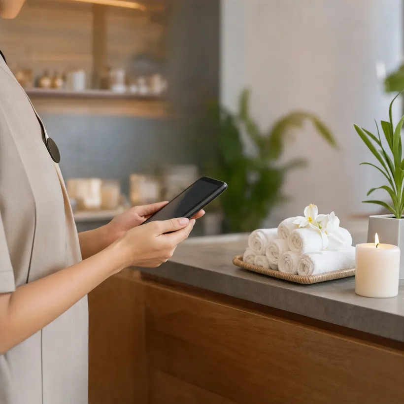 Terapeuta sumando el cashback desde el celular en la recepción del spa