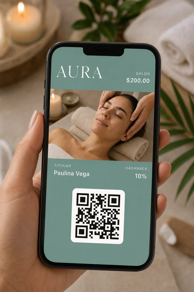 Tarjeta de lealtad con cashback de un spa en la pantalla de un teléfono, en Apple Wallet