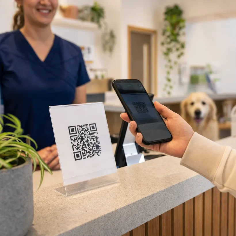 Dueño escaneando el código QR de lealtad en la recepción de una veterinaria