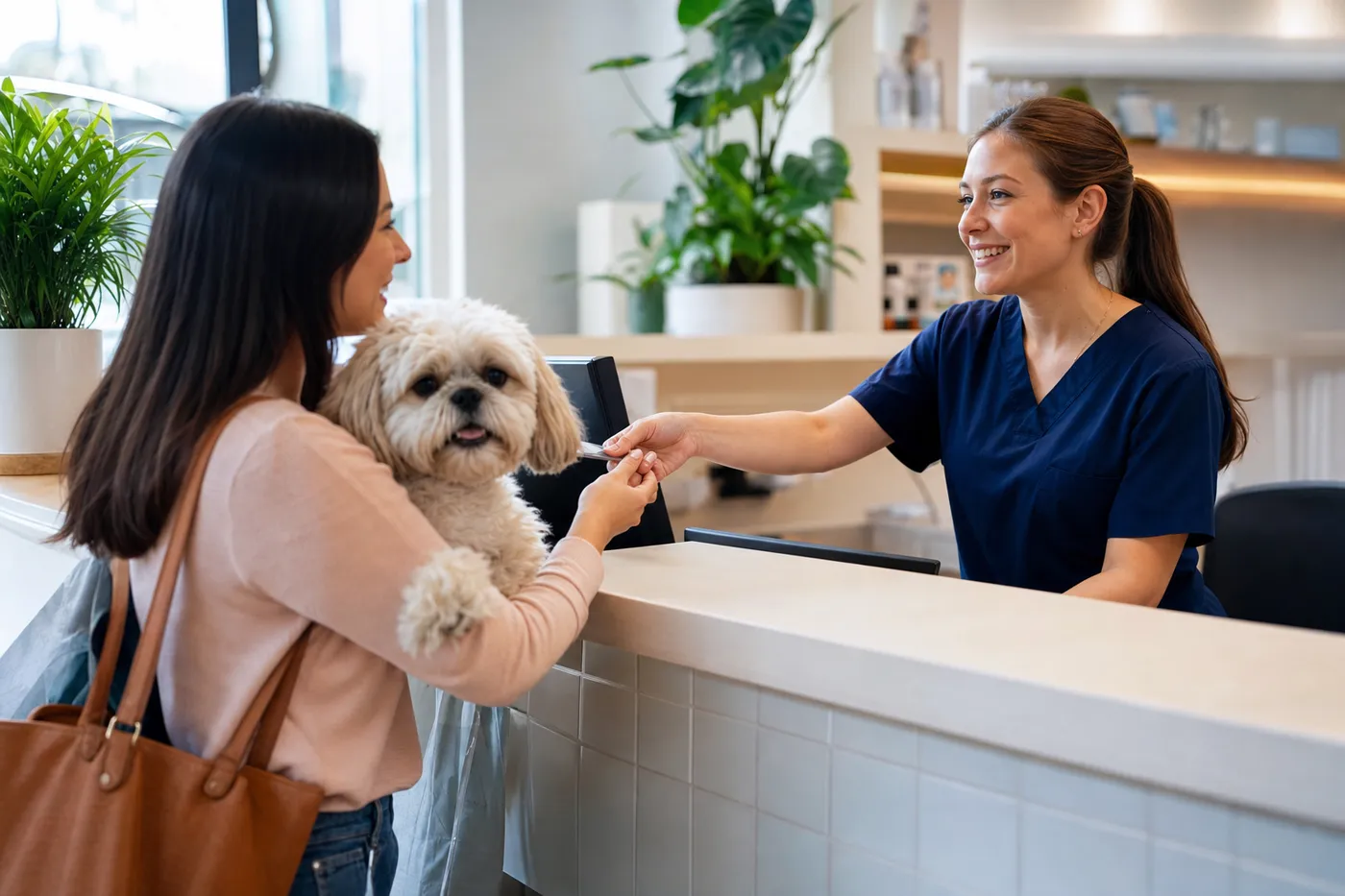 Veterinaria atendiendo con cariño a una mascota mientras su dueño observa feliz