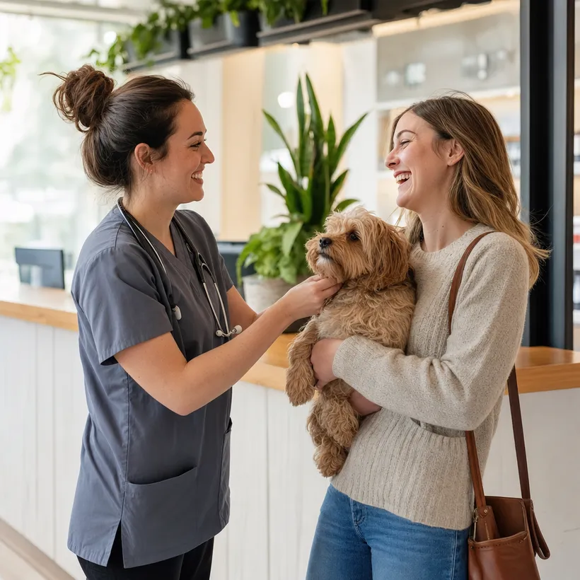 Veterinaria entregando una mascota sana y feliz a su dueño
