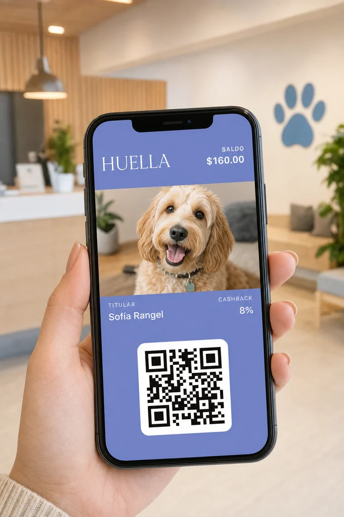 Tarjeta de lealtad con cashback de una veterinaria en la pantalla de un teléfono, en Apple Wallet